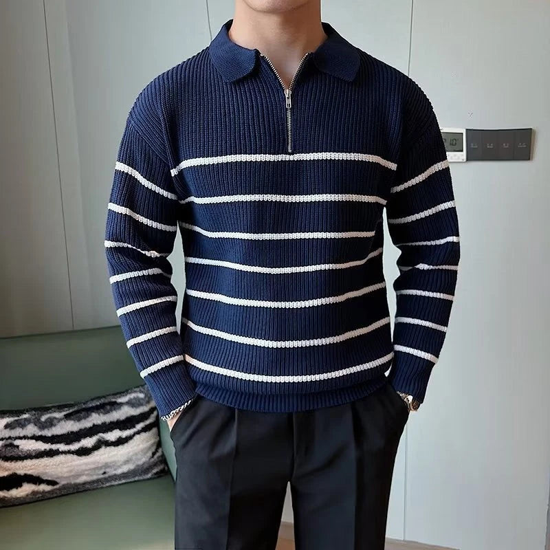 Image of Gestreept heren-sweatshirt met ritskraag