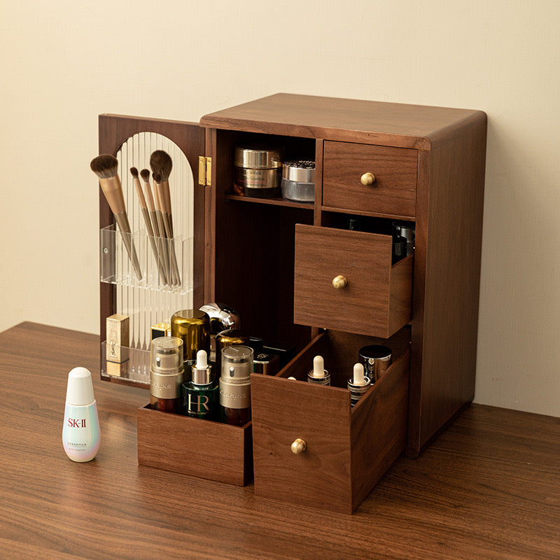 Artisanal walnut glass vanity cabinet with drawers for elegant skincare and beauty storage