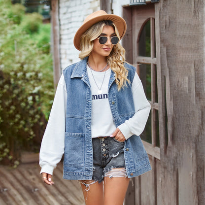 Image of Dames Denim Vest Jas met Zakken