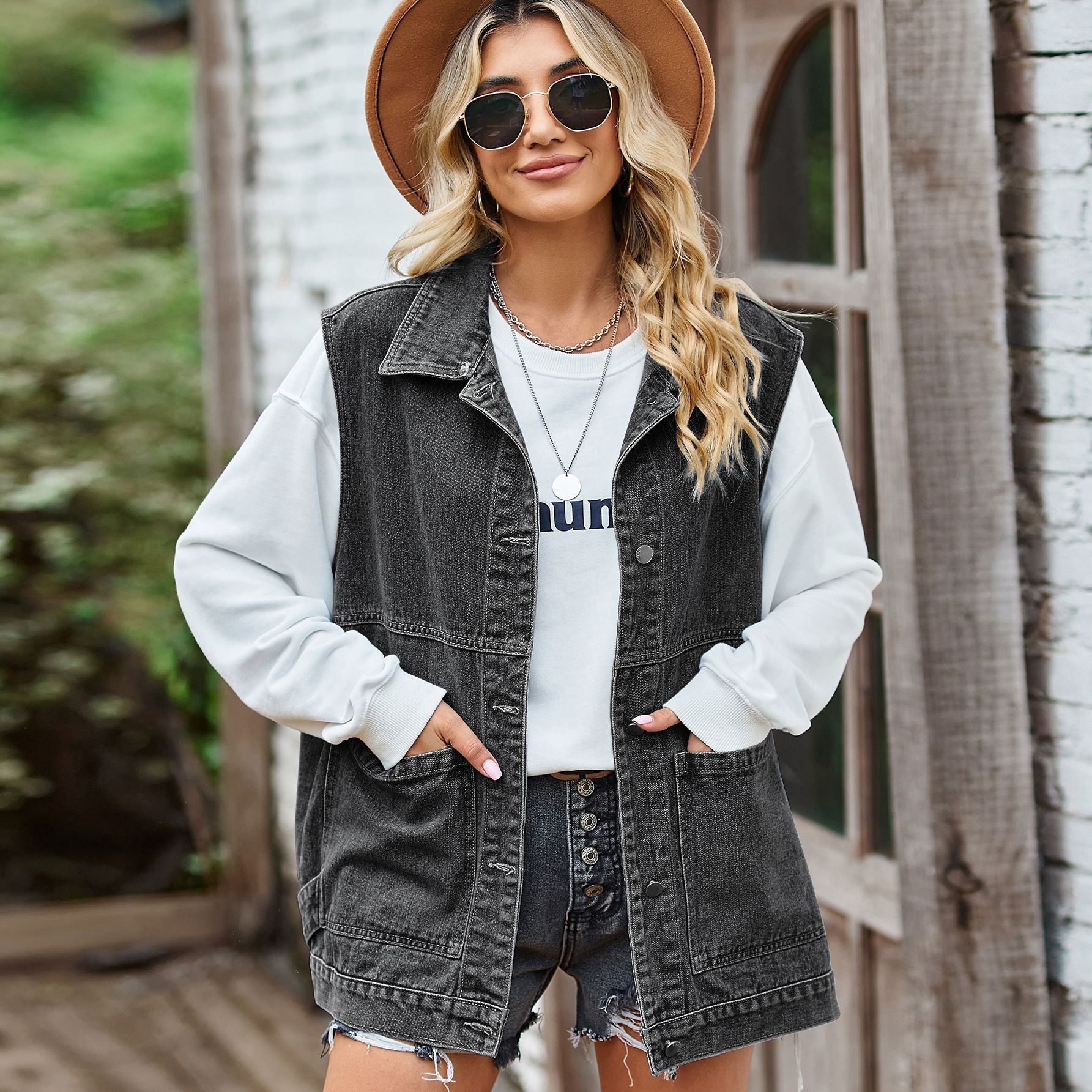 Image of Dames Denim Vest Jas met Zakken