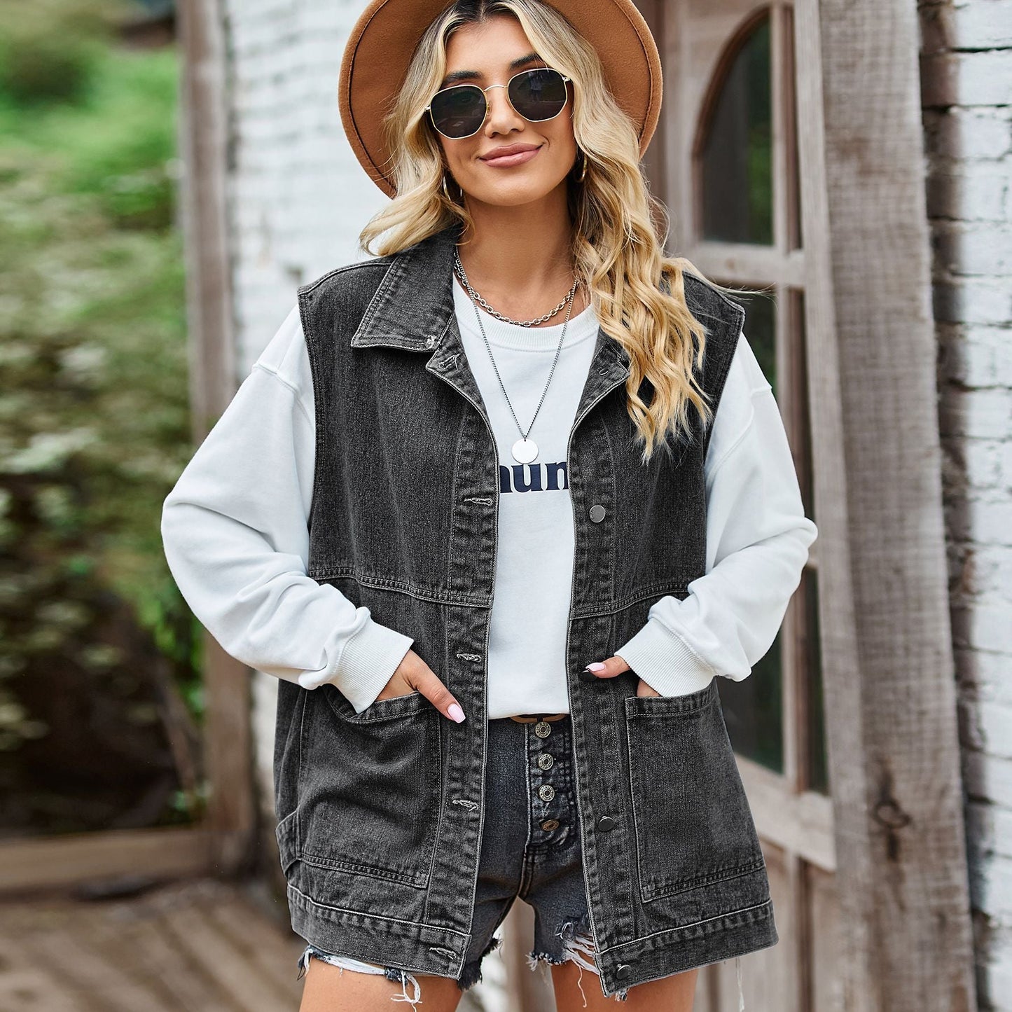 Image of Dames Denim Vest Jas met Zakken