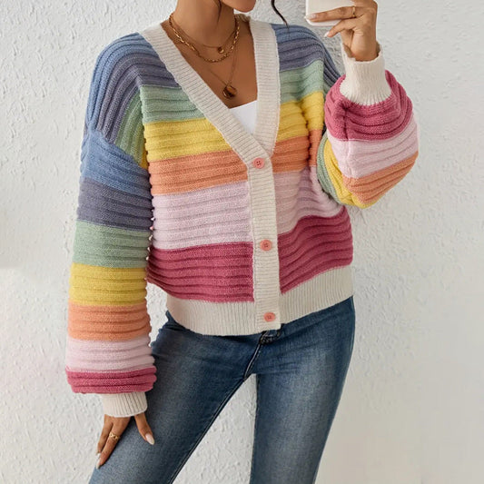 Image of Dames Gestreepte Gebreide Cardigan met Knopen