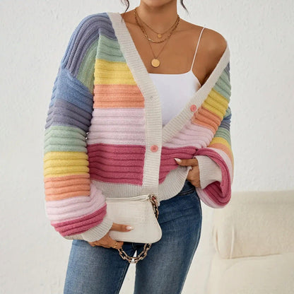 Image of Dames Gestreepte Gebreide Cardigan met Knopen