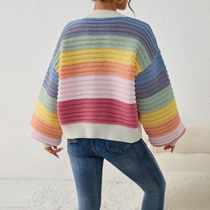 Image of Dames Gestreepte Gebreide Cardigan met Knopen