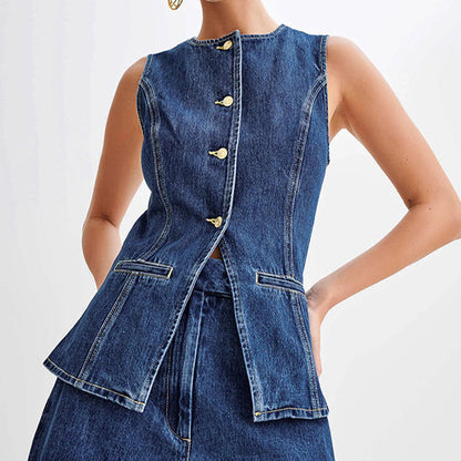 Image of Dames Mouwloze Denim Shorts Set