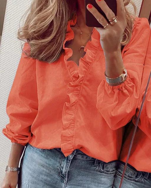 Image of Dames Ruche V-hals Lange Mouw Blouse
