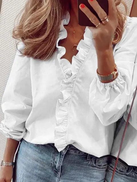 Image of Dames Ruche V-hals Lange Mouw Blouse