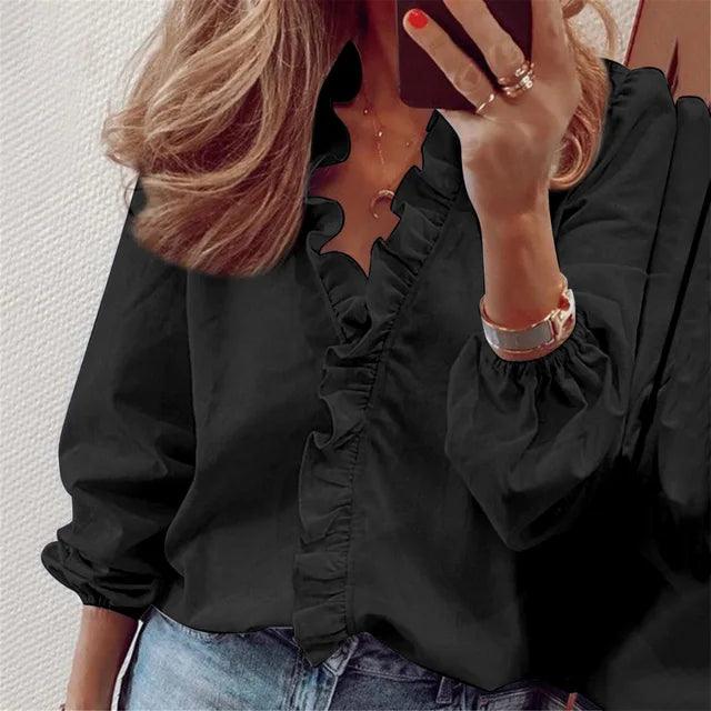 Image of Dames Ruche V-hals Lange Mouw Blouse