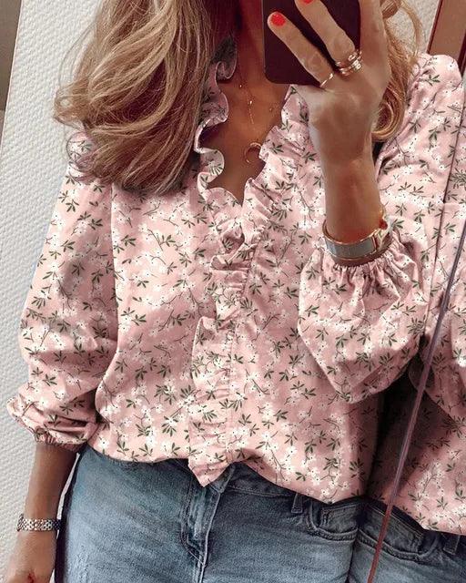 Image of Dames Ruche V-hals Lange Mouw Blouse
