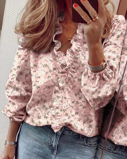 Image of Dames Ruche V-hals Lange Mouw Blouse