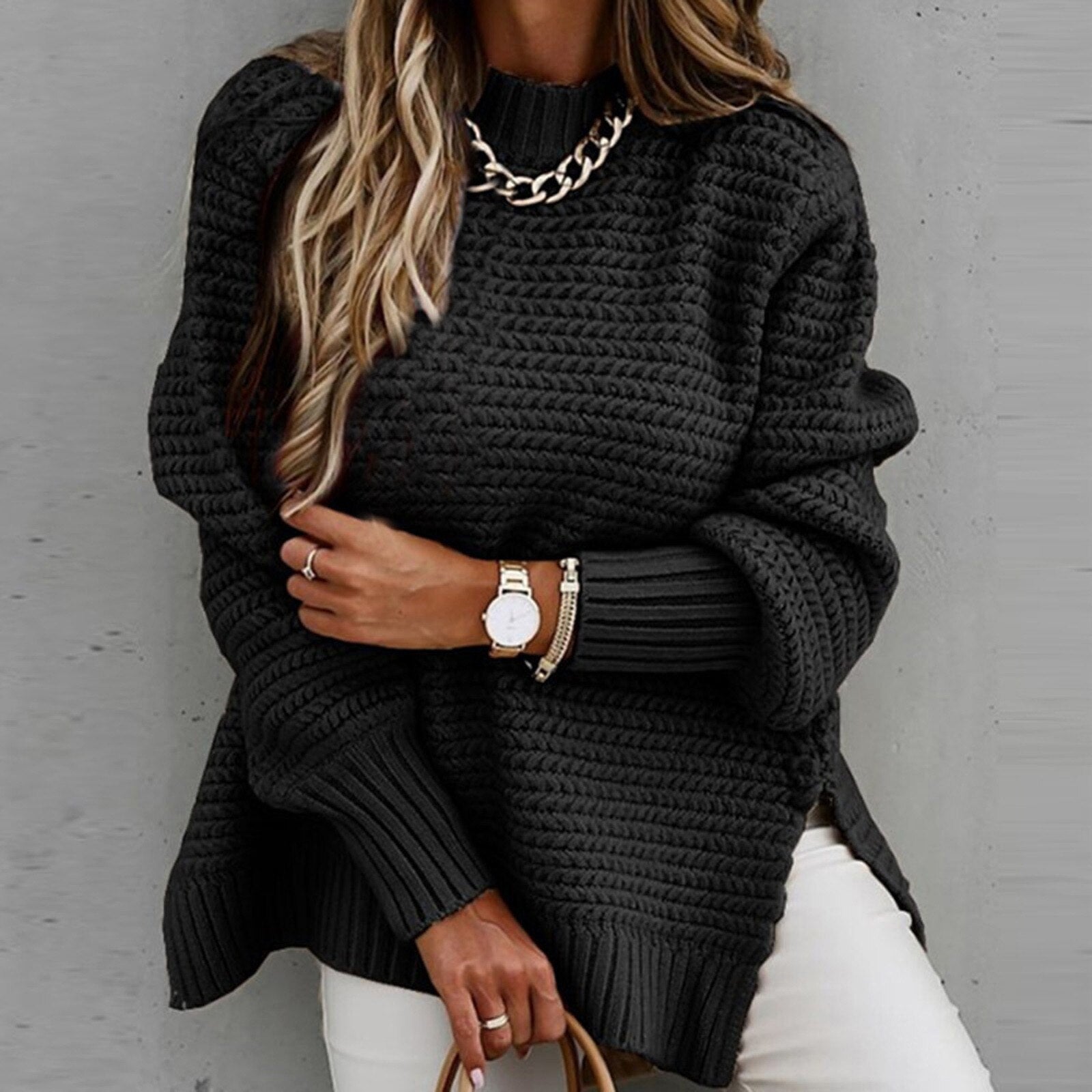 Image of Dames Tuniek Mock Neck Geribbelde Gebreide Trui