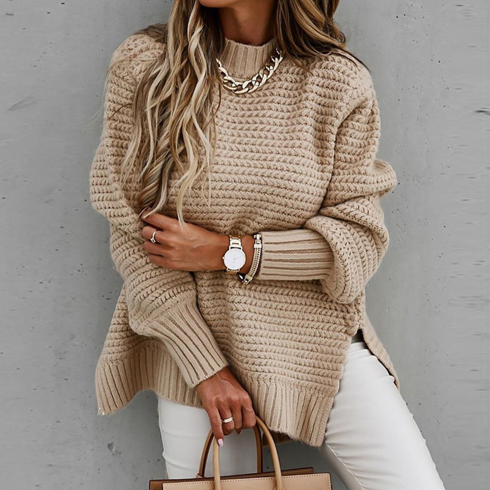 Image of Dames Tuniek Mock Neck Geribbelde Gebreide Trui
