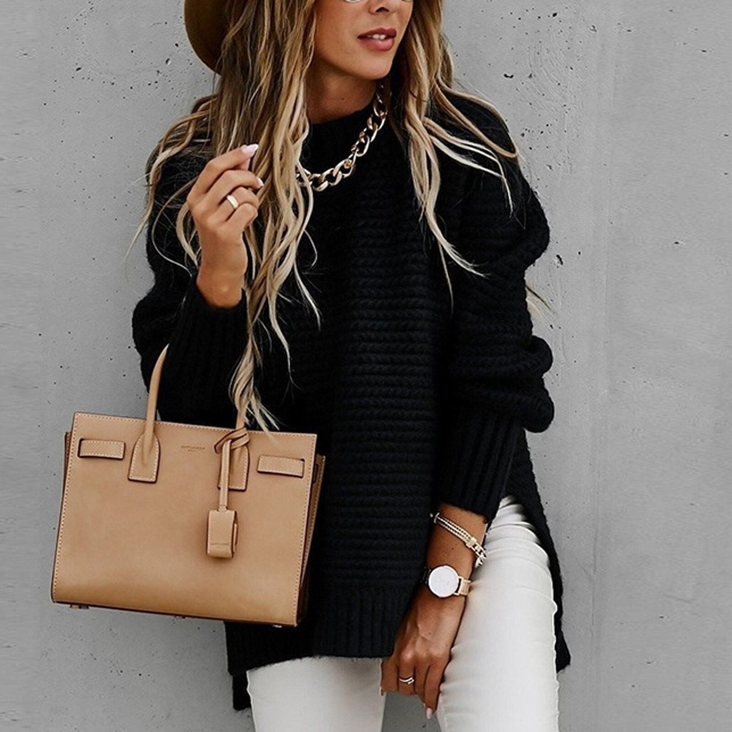 Image of Dames Tuniek Mock Neck Geribbelde Gebreide Trui