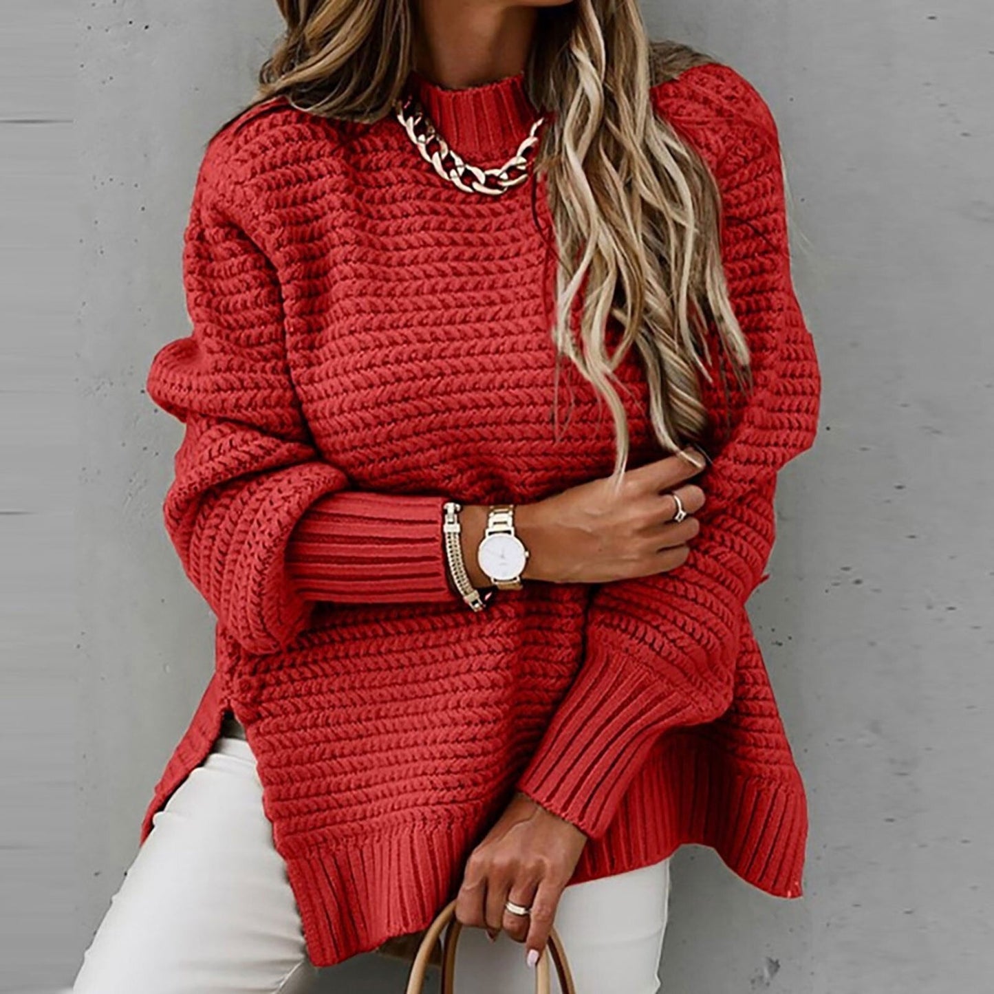 Image of Dames Tuniek Mock Neck Geribbelde Gebreide Trui