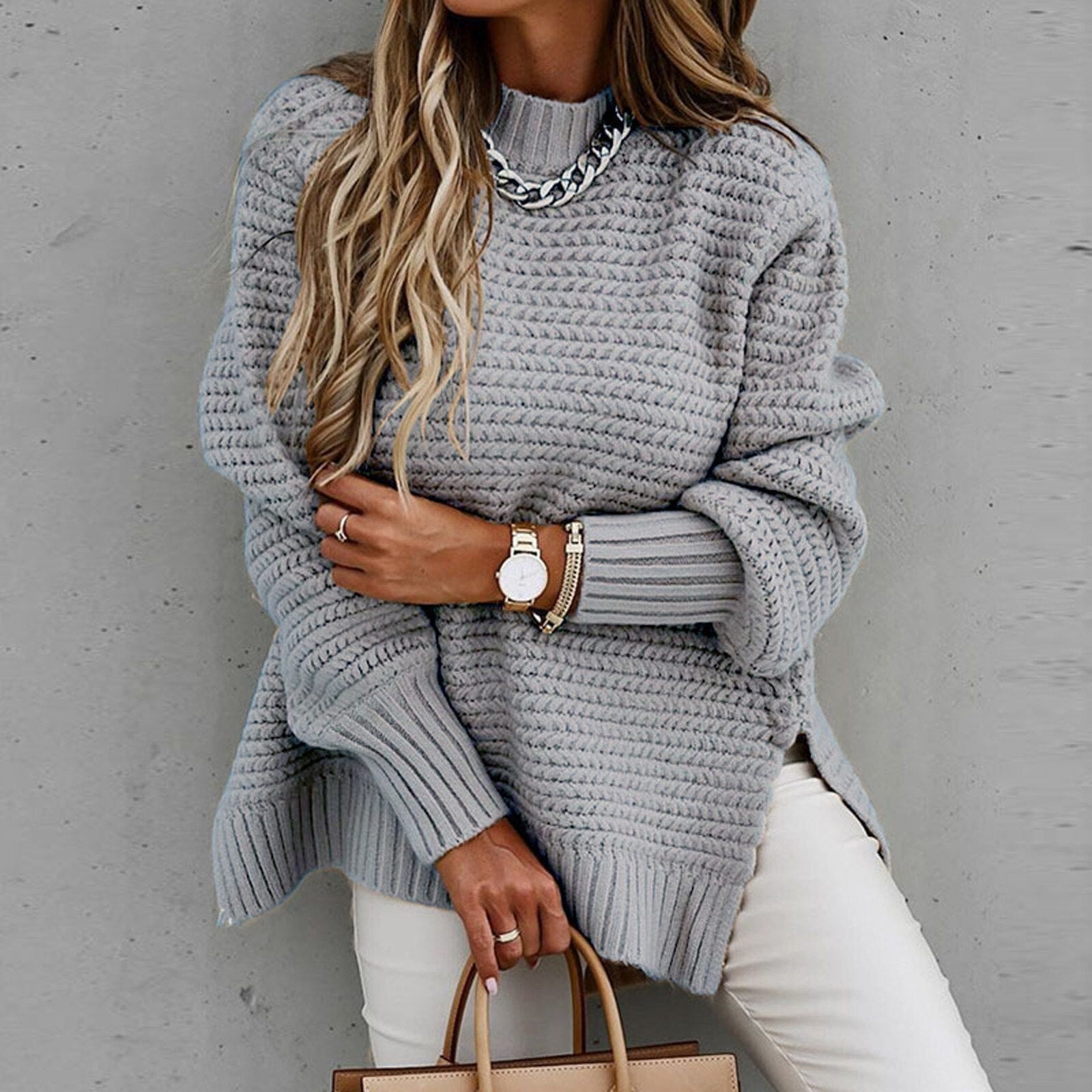 Image of Dames Tuniek Mock Neck Geribbelde Gebreide Trui