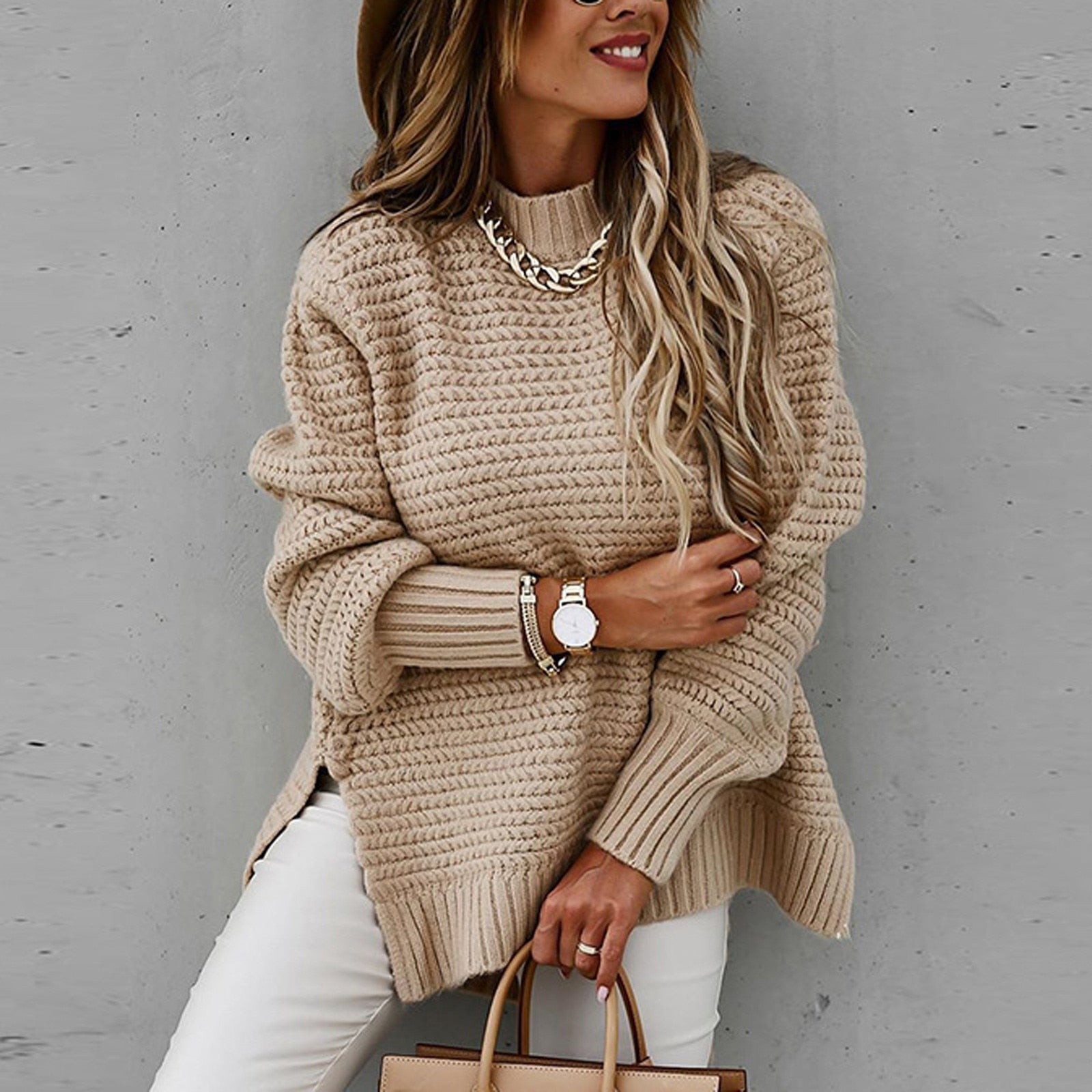 Image of Dames Tuniek Mock Neck Geribbelde Gebreide Trui