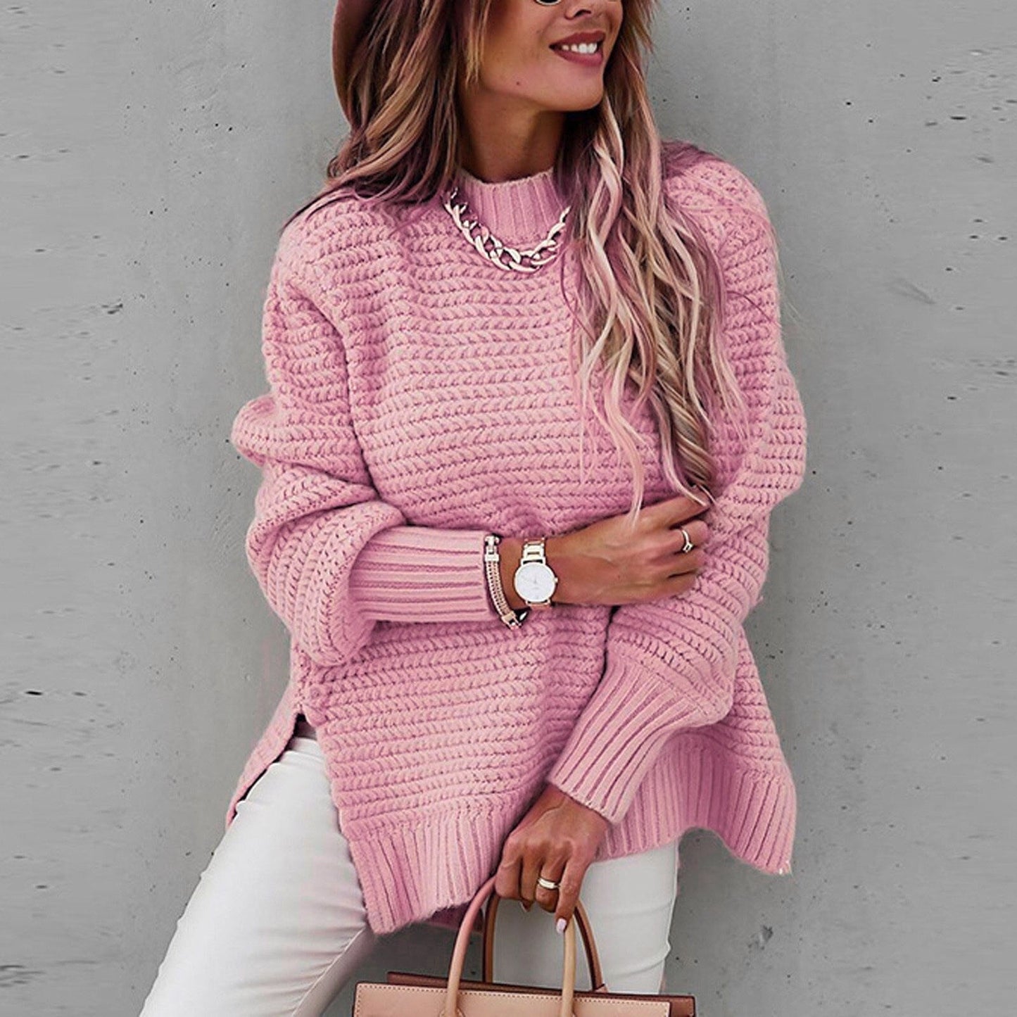 Image of Dames Tuniek Mock Neck Geribbelde Gebreide Trui
