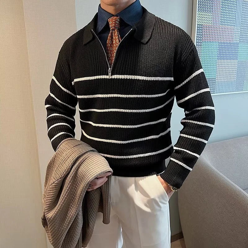 Image of Gestreept heren-sweatshirt met ritskraag
