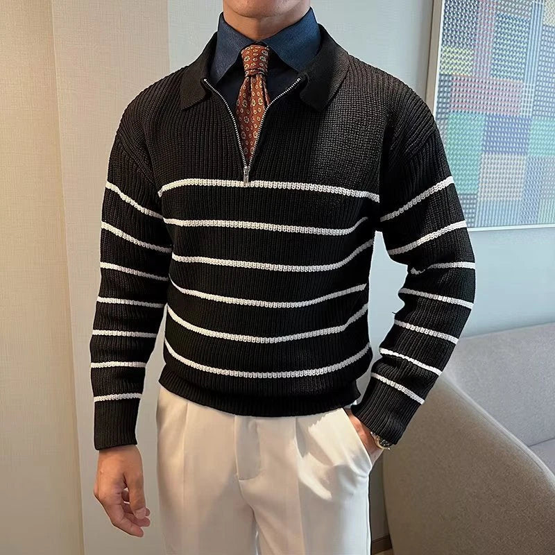 Image of Gestreept heren-sweatshirt met ritskraag