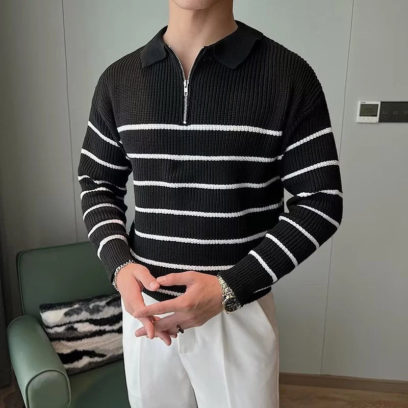 Image of Gestreept heren-sweatshirt met ritskraag