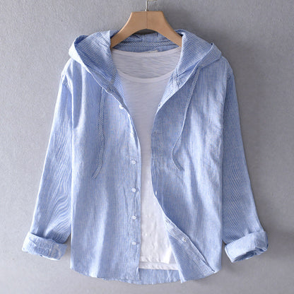 Image of Heren Hooded Gestreept Overhemd met Knoopsluiting