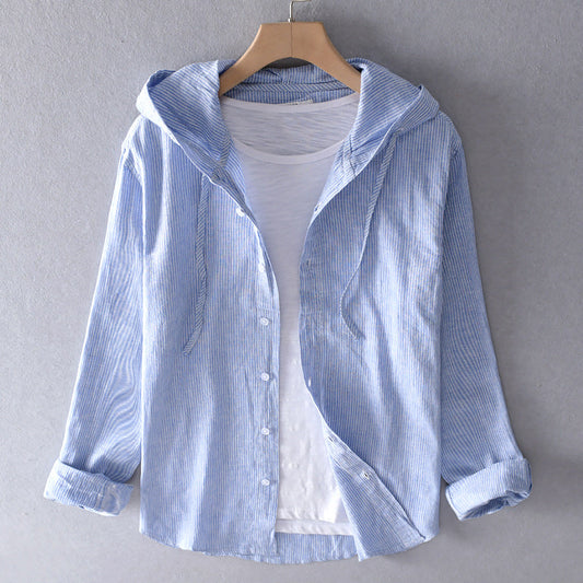 Image of Heren Hooded Gestreept Overhemd met Knoopsluiting